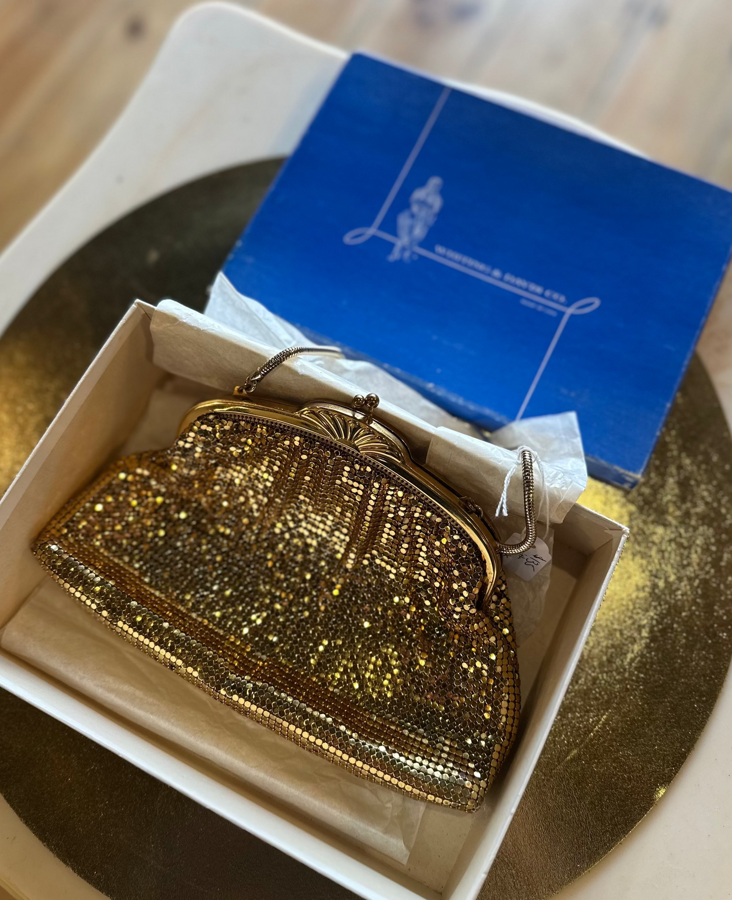 Vintage Whiting & Davis Gold Mesh Evening Bag with Original Box | Mid-Century Chainmail Purse
