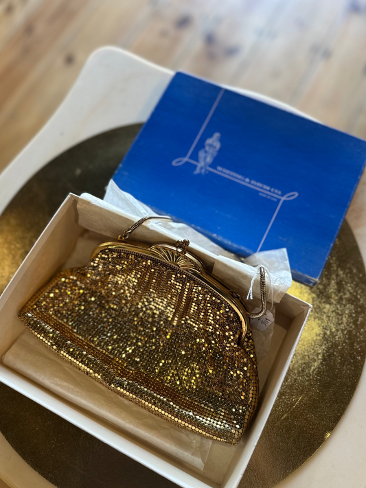 Vintage Whiting & Davis Gold Mesh Evening Bag with Original Box | Mid-Century Chainmail Purse
