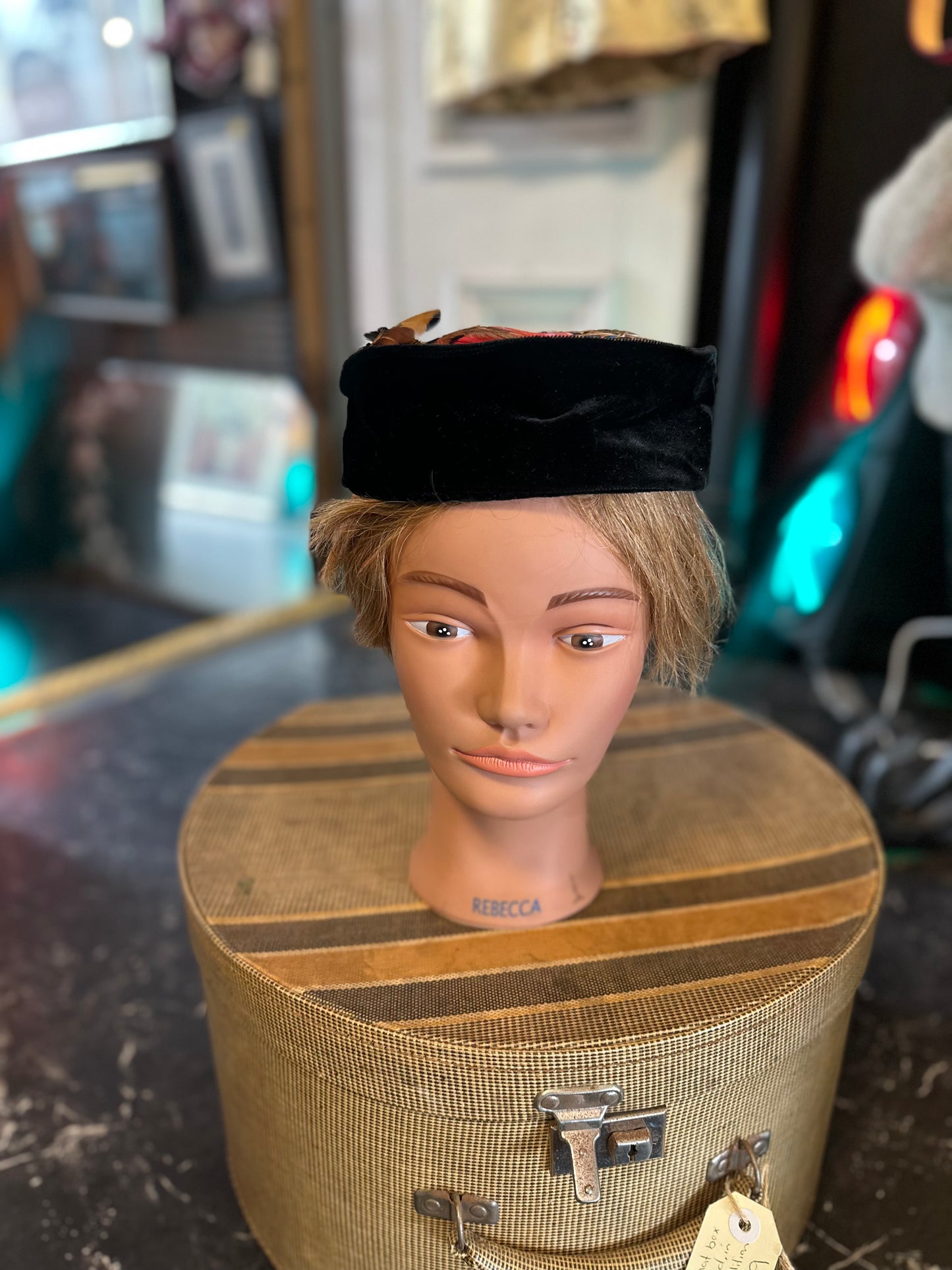 Vintage 1960s Black Velvet Pheasant Feather Pillbox Hat