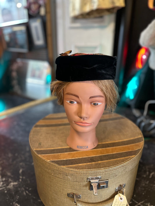 Vintage 1960s Black Velvet Pheasant Feather Pillbox Hat