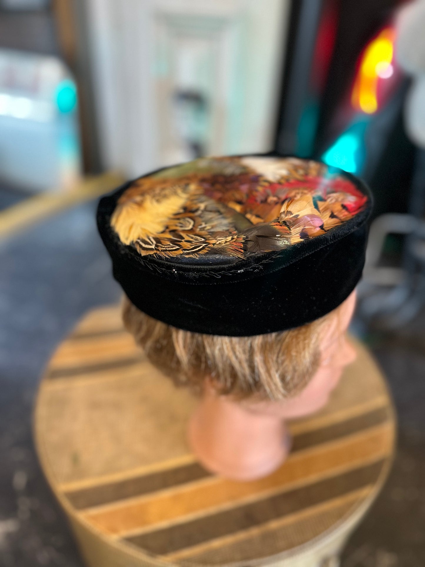 Vintage 1960s Black Velvet Pheasant Feather Pillbox Hat