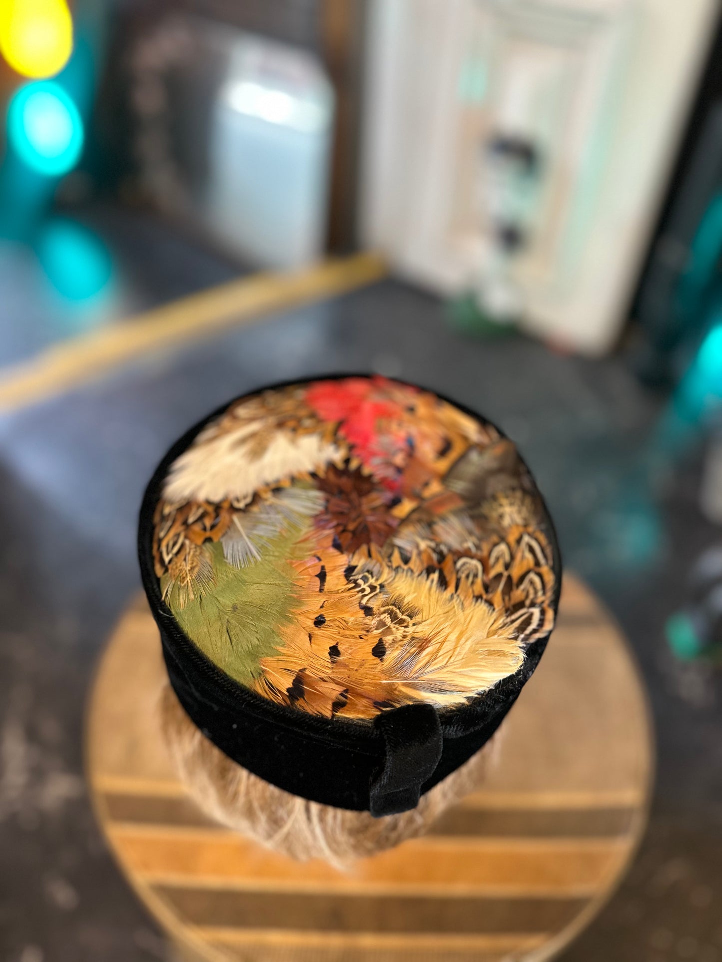 Vintage 1960s Black Velvet Pheasant Feather Pillbox Hat