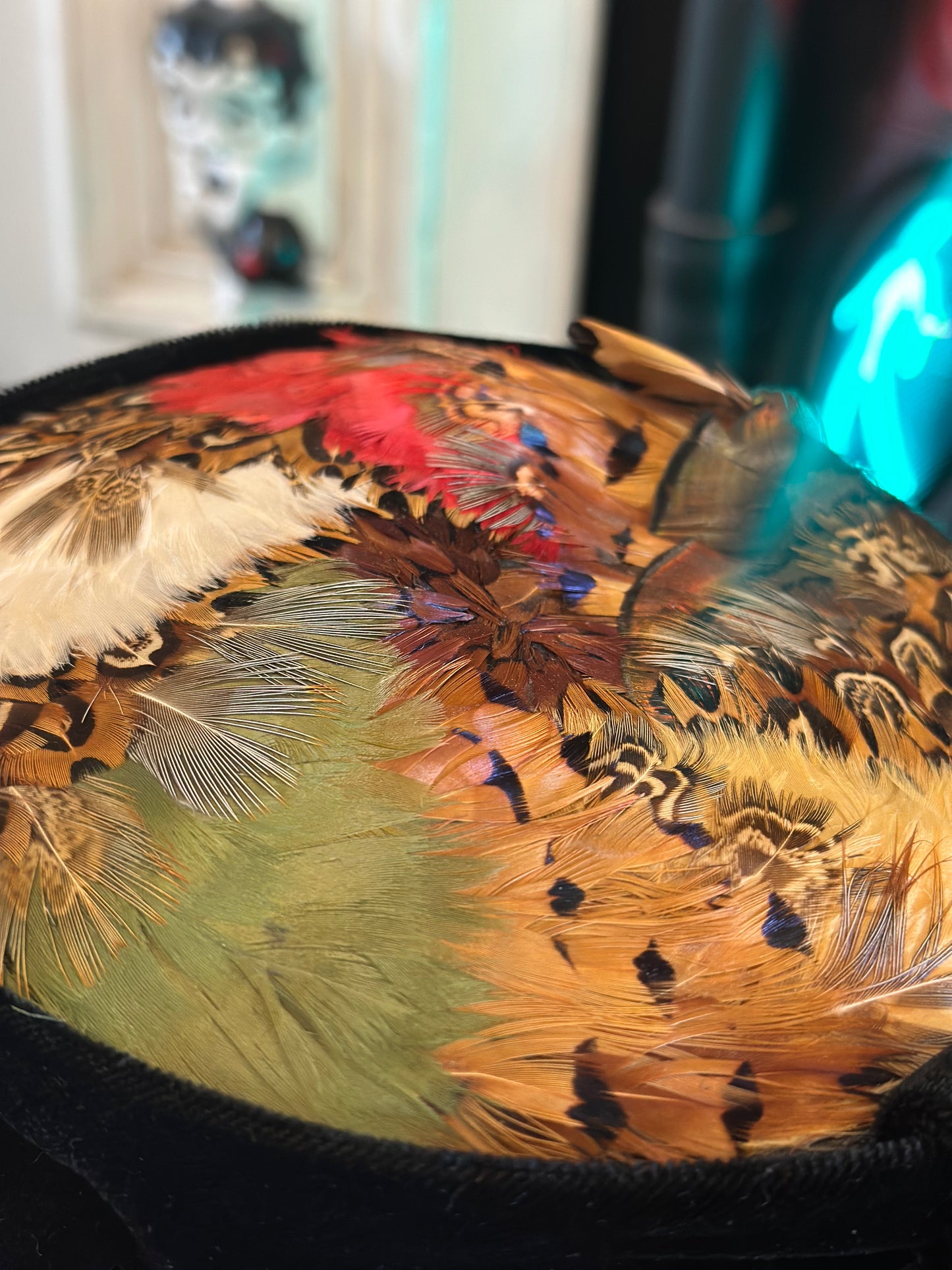 Vintage 1960s Black Velvet Pheasant Feather Pillbox Hat
