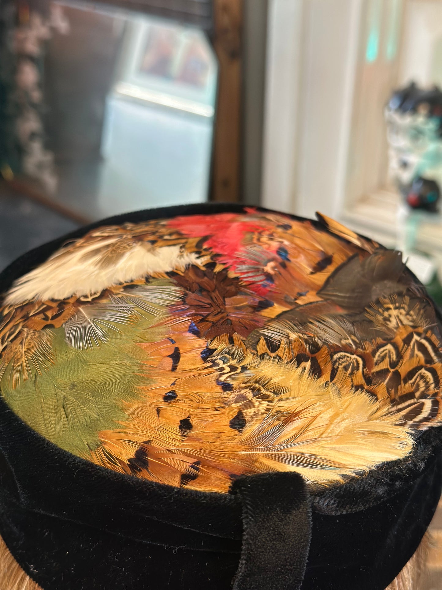 Vintage 1960s Black Velvet Pheasant Feather Pillbox Hat