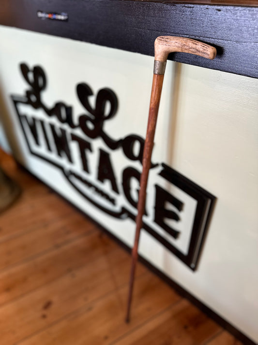 Antique L-Shape Stag Antler Walking Stick – Vintage Hardwood Cane with Silver Collar