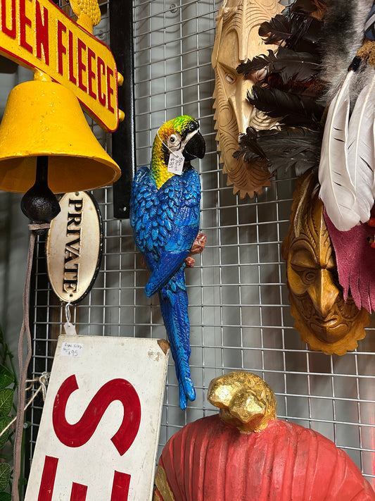 Vintage Style Cast Iron Blue Macaw Parrot Wall Hanging – Tropical Bird Wall Decor – Reproduction Cast Iron Sculpture