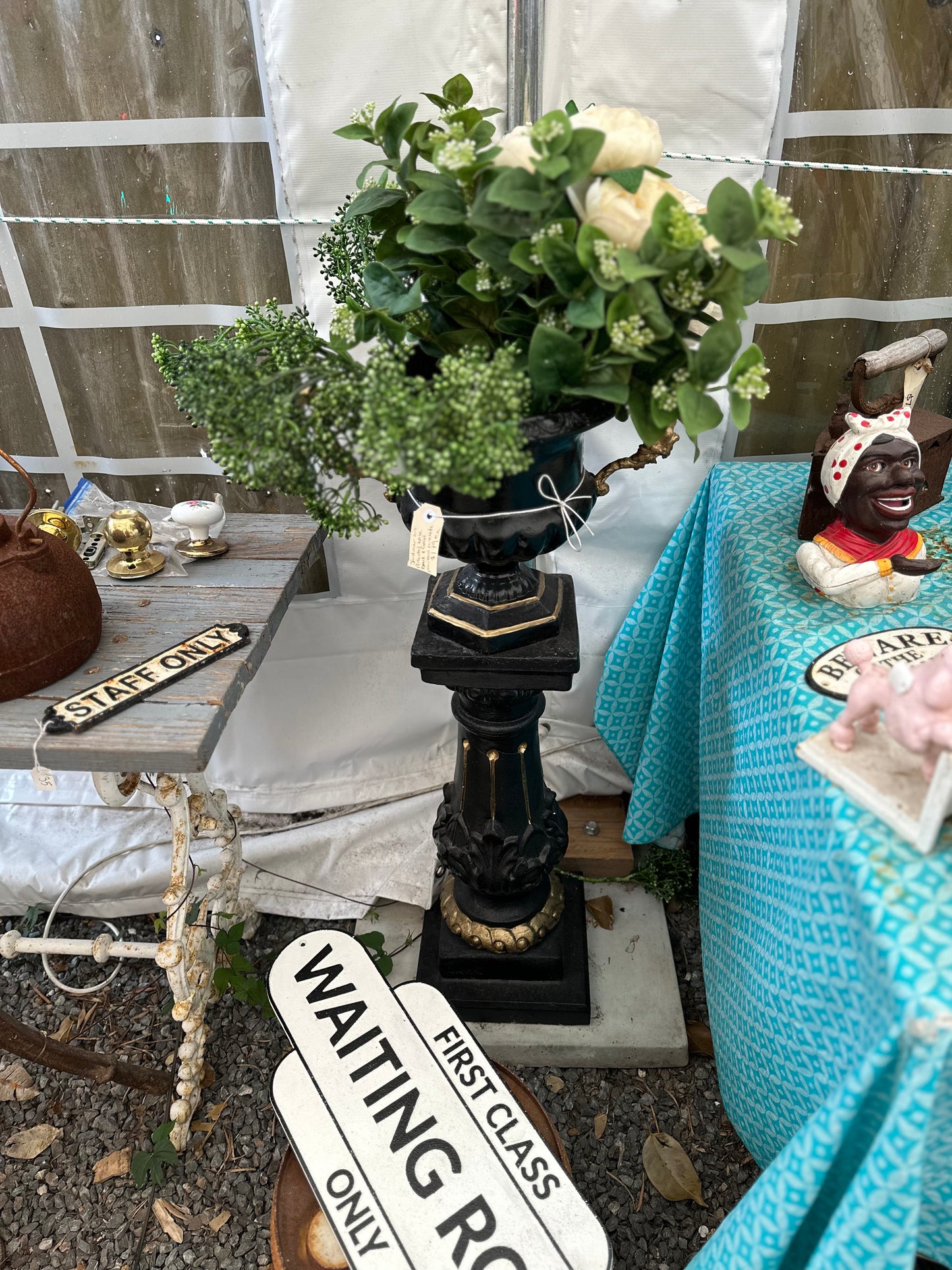Vintage Style Cast Concrete Jardiniere Urn and Pedestal Base Planter – Black & Gold