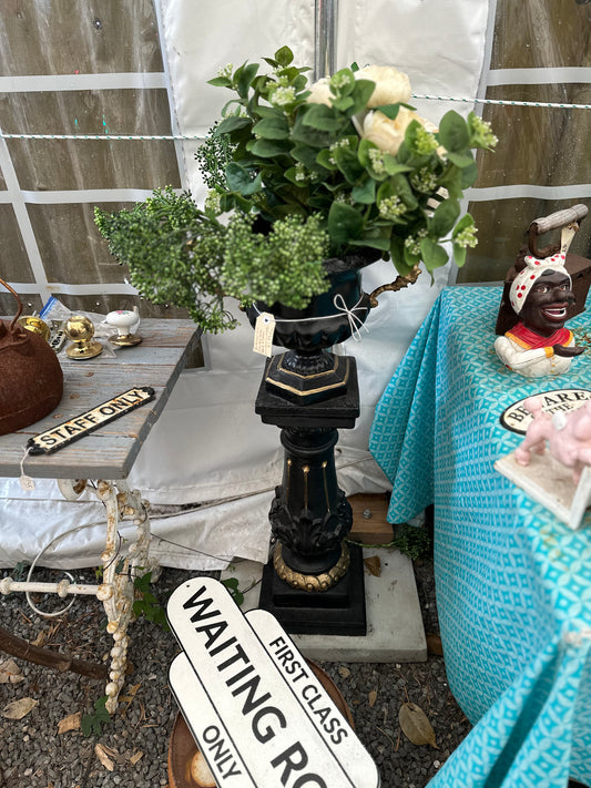 Vintage Style Cast Concrete Jardiniere Urn and Pedestal Base Planter – Black & Gold