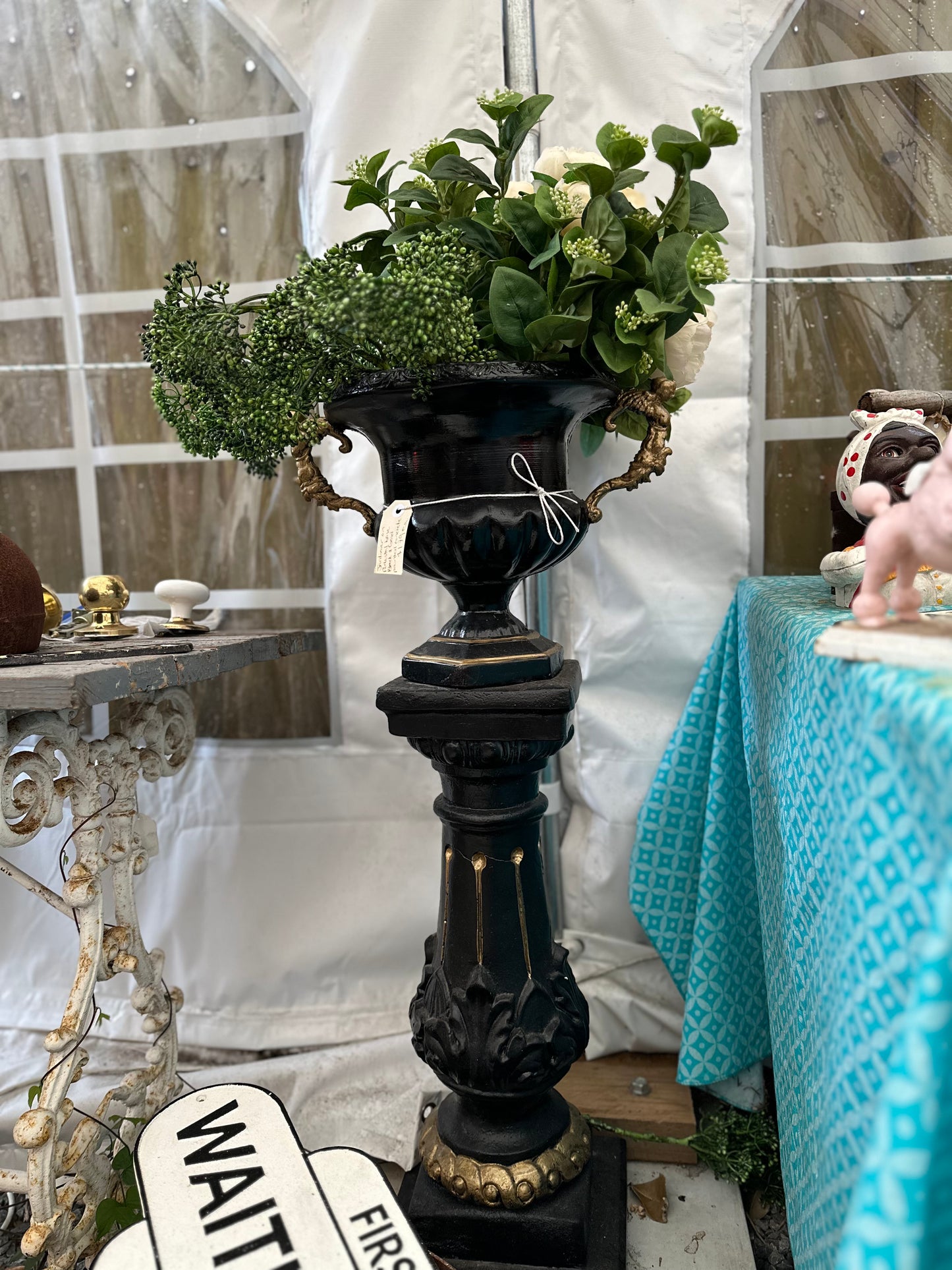Vintage Style Cast Concrete Jardiniere Urn and Pedestal Base Planter – Black & Gold