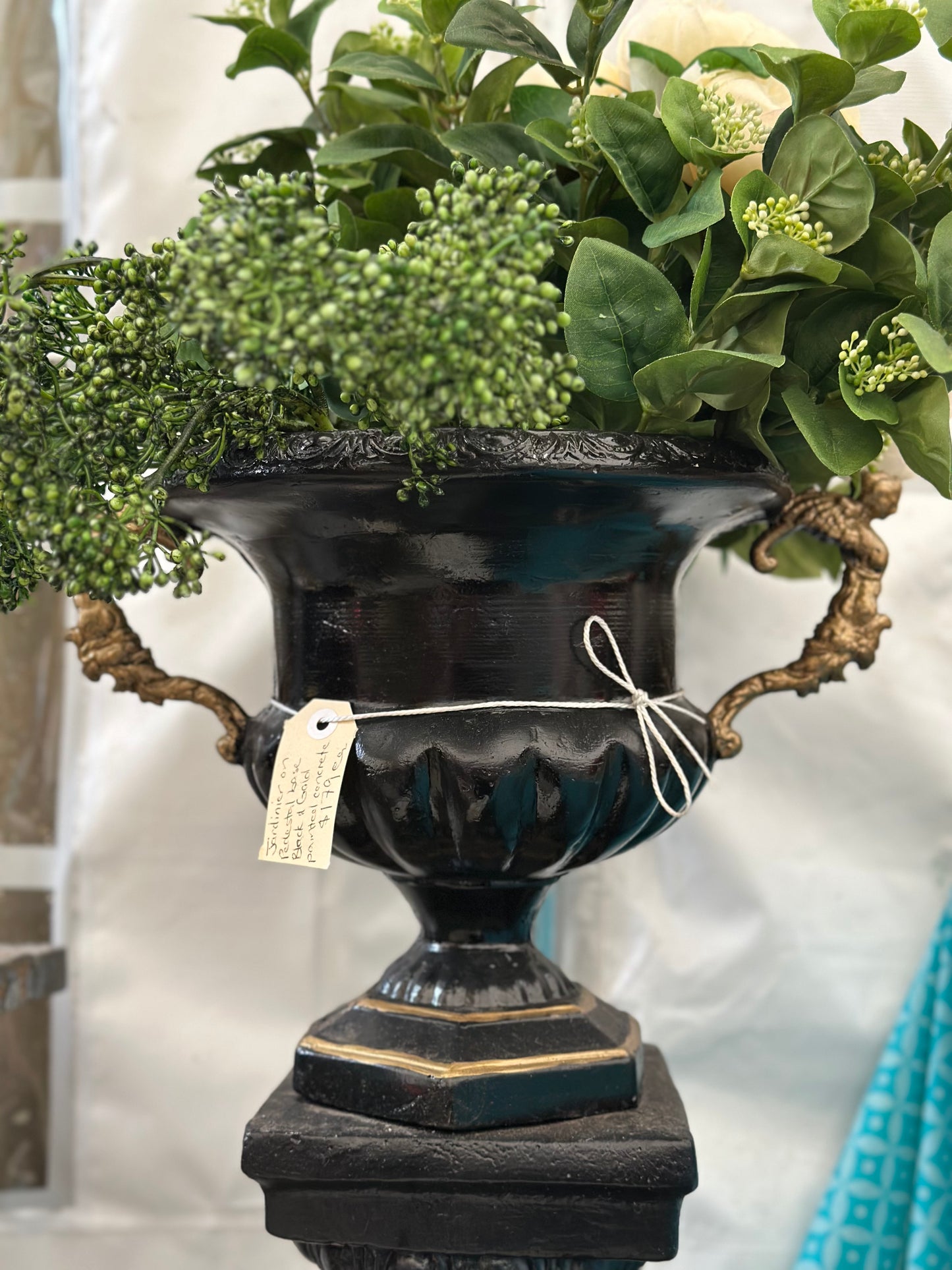 Vintage Style Cast Concrete Jardiniere Urn and Pedestal Base Planter – Black & Gold