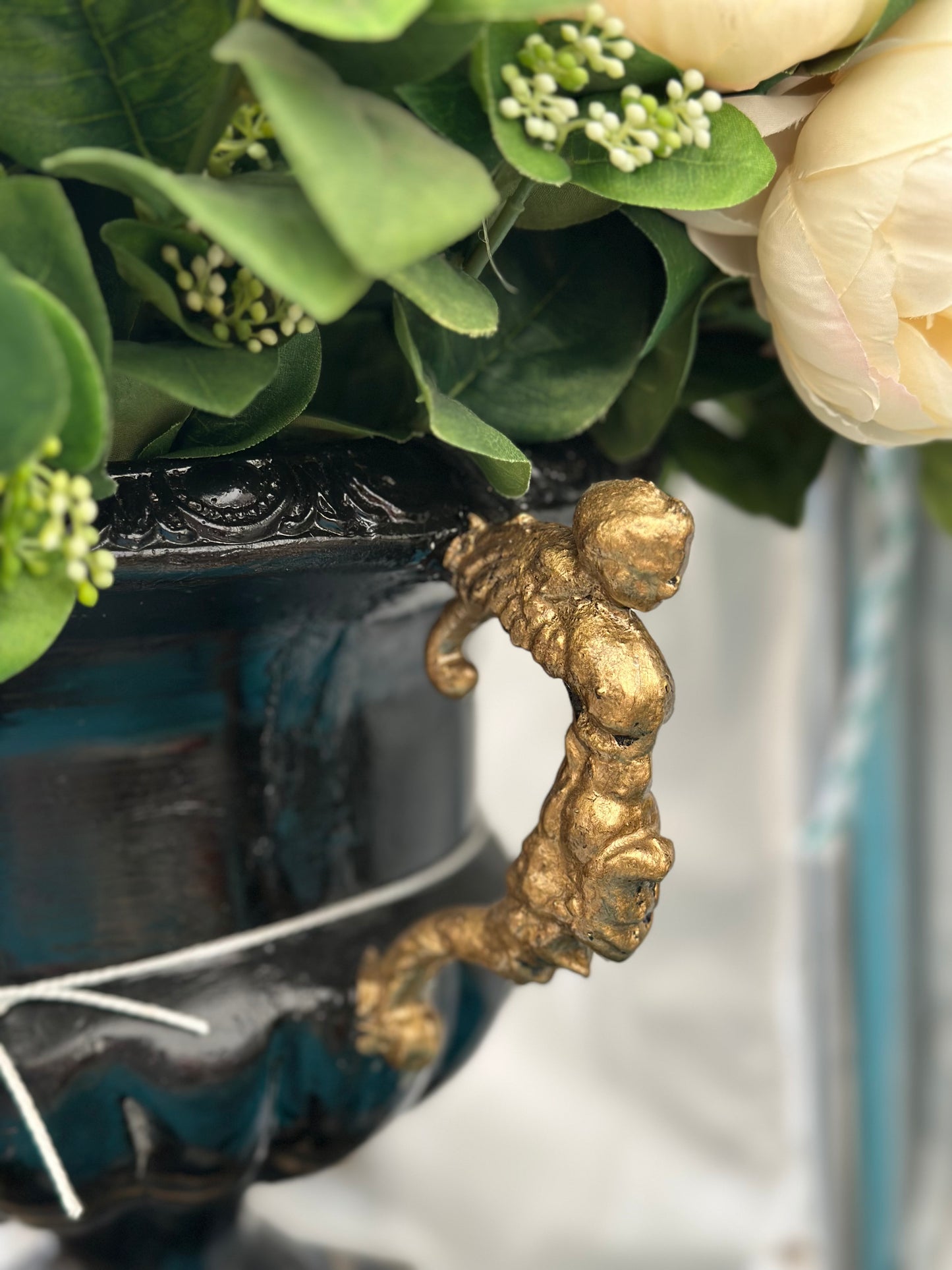 Vintage Style Cast Concrete Jardiniere Urn and Pedestal Base Planter – Black & Gold