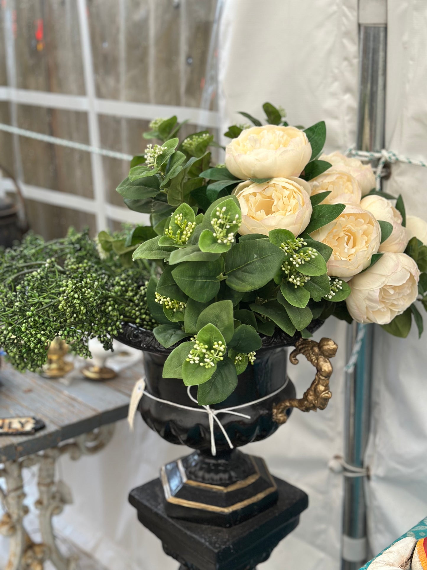 Vintage Style Cast Concrete Jardiniere Urn and Pedestal Base Planter – Black & Gold