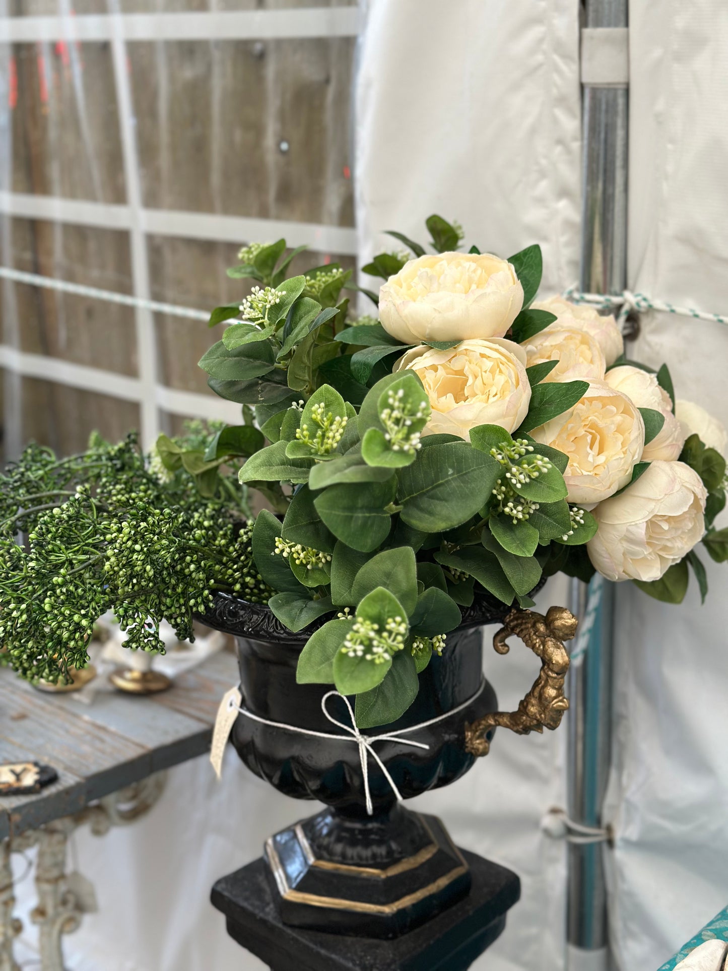 Vintage Style Cast Concrete Jardiniere Urn and Pedestal Base Planter – Black & Gold