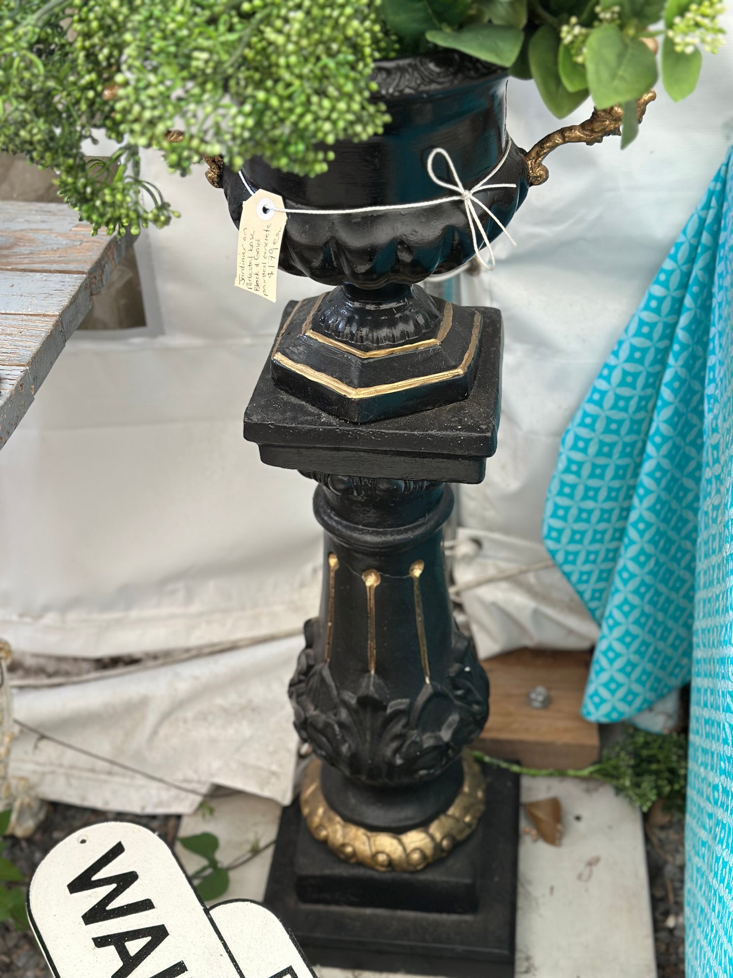 Vintage Style Cast Concrete Jardiniere Urn and Pedestal Base Planter – Black & Gold