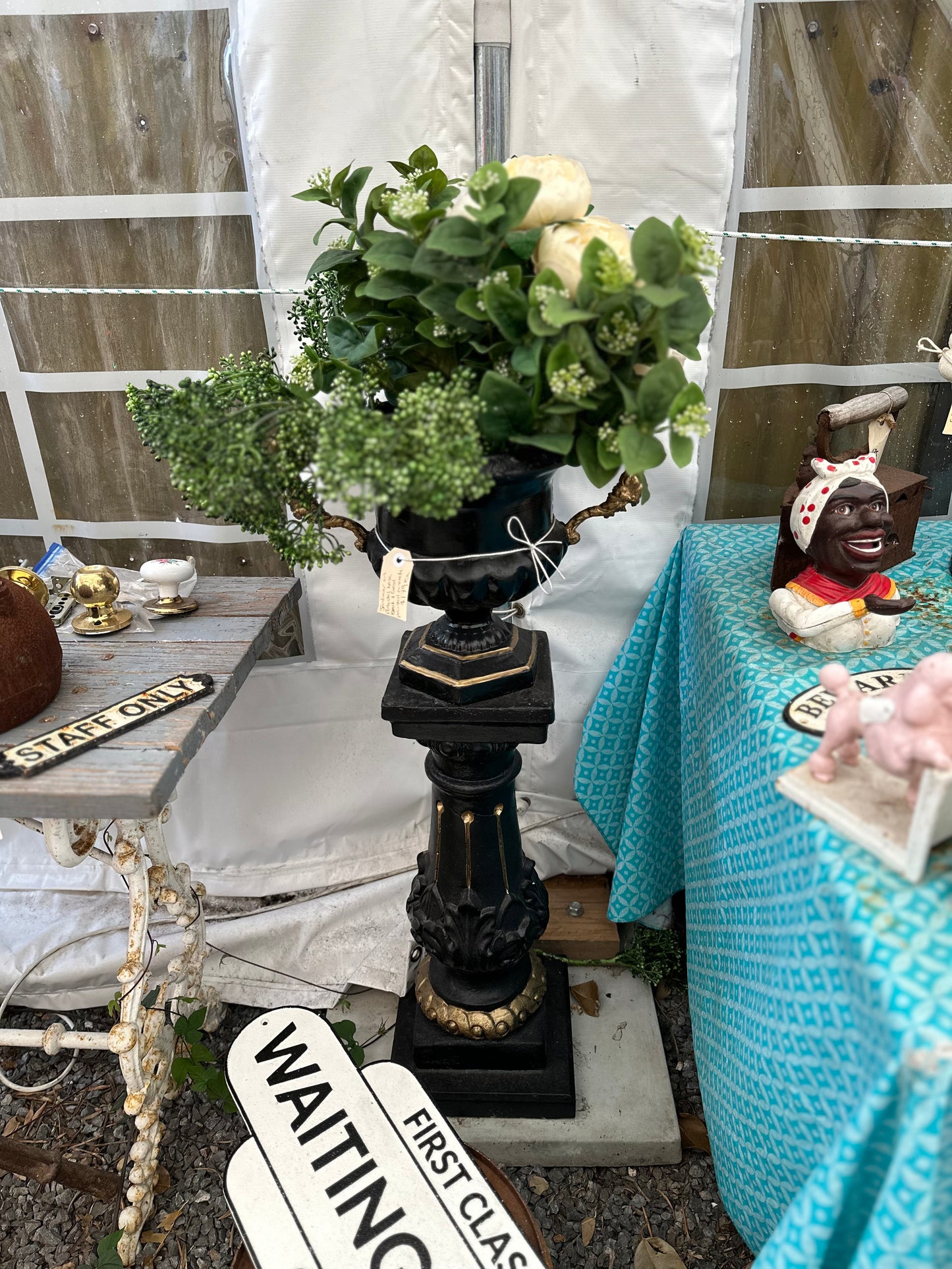 Vintage Style Cast Concrete Jardiniere Urn and Pedestal Base Planter – Black & Gold