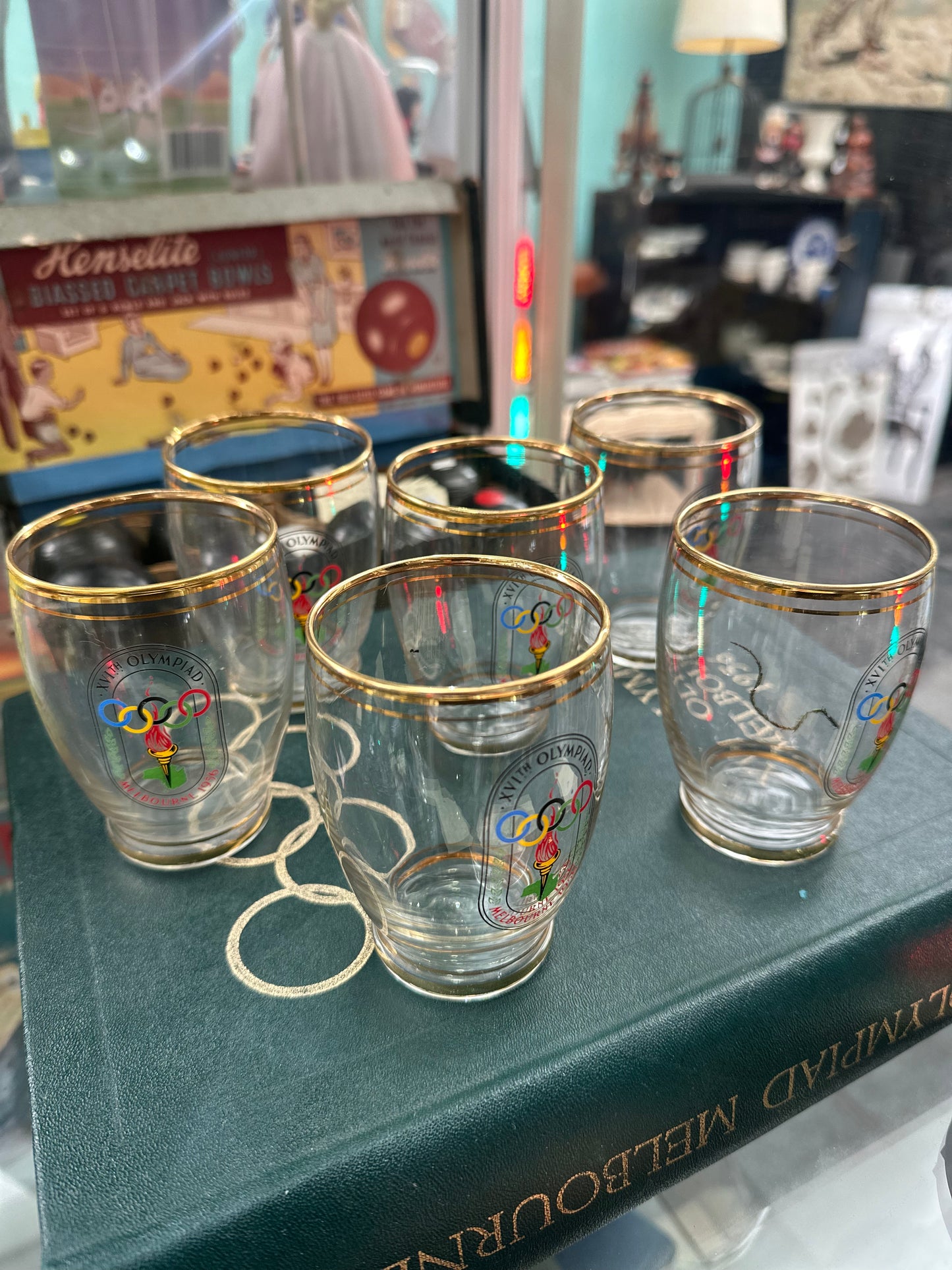 Vintage 1956 Melbourne Olympics Glasses Set of 6 | XVIth Olympiad Gold Rim Souvenir Tumblers