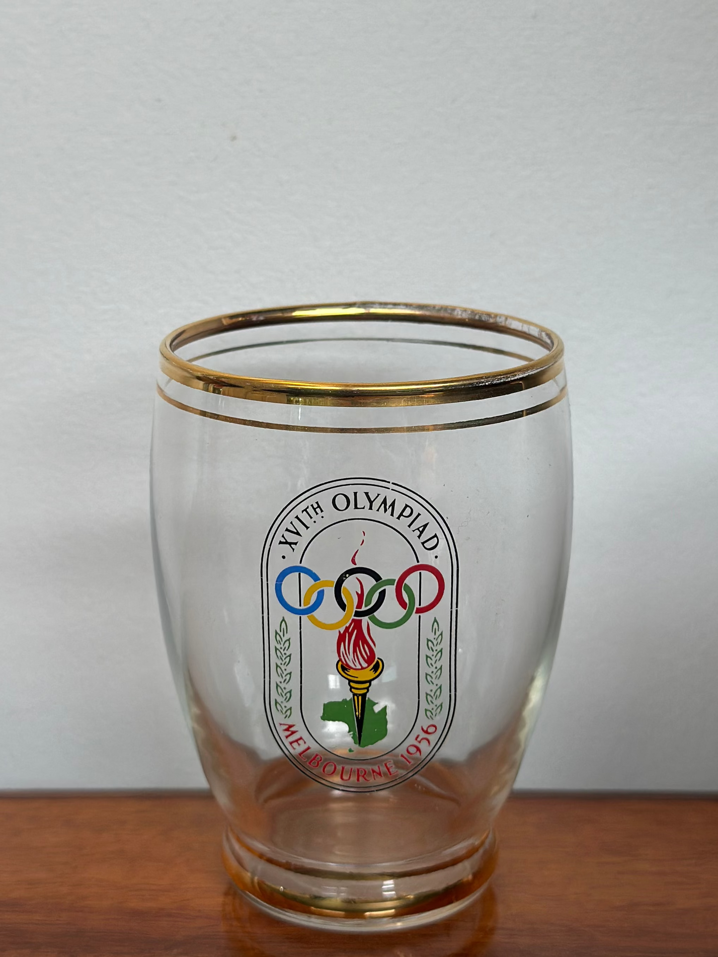 Vintage 1956 Melbourne Olympics Glasses Set of 6 | XVIth Olympiad Gold Rim Souvenir Tumblers