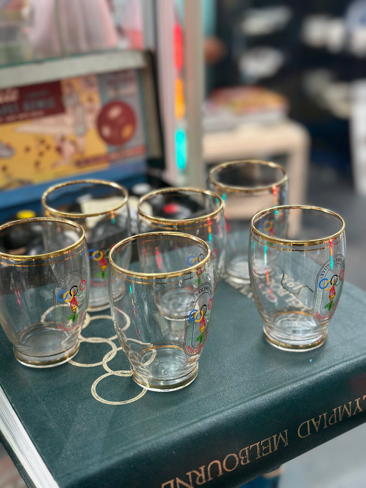Vintage 1956 Melbourne Olympics Glasses Set of 6 | XVIth Olympiad Gold Rim Souvenir Tumblers