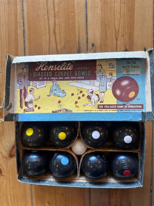 Vintage 1950s Henselite Junior Biased Carpet Bowls Set | Original Boxed Australian Indoor Game