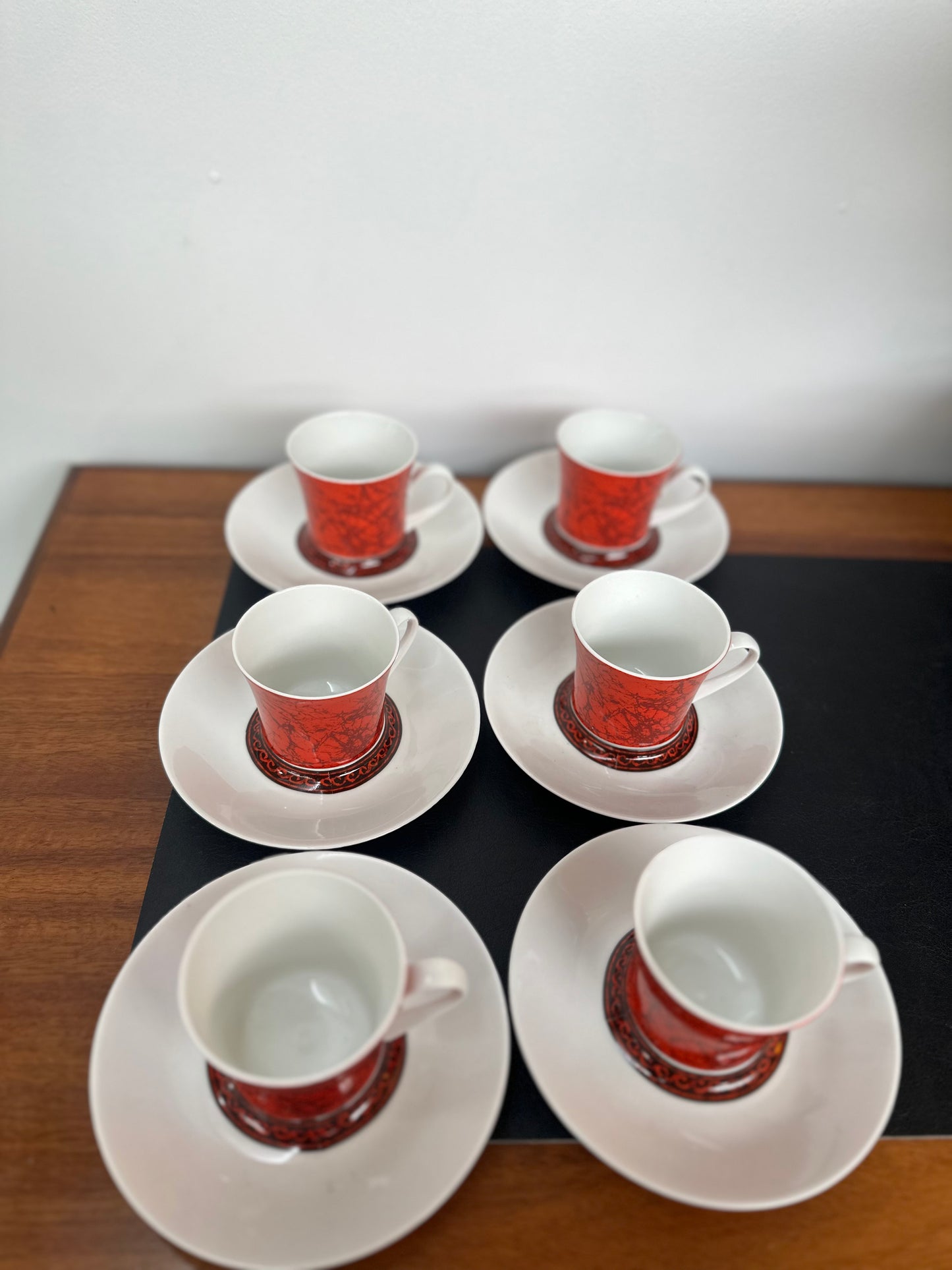 Vintage Mid Century Bidasoa Spain "Flamenco" Red Porcelain Coffee & Demitasse Set | 15 Piece Espresso Set