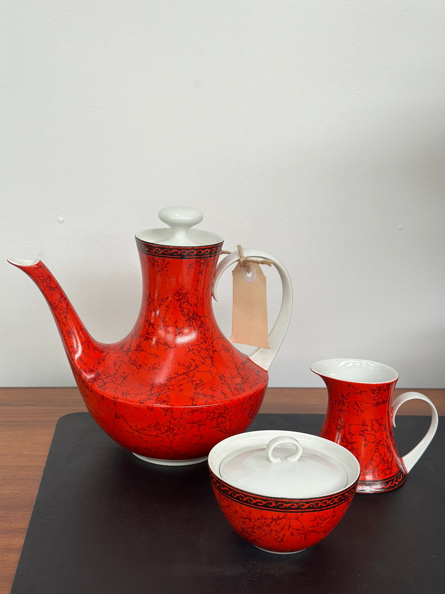 Vintage Mid Century Bidasoa Spain "Flamenco" Red Porcelain Coffee & Demitasse Set | 15 Piece Espresso Set