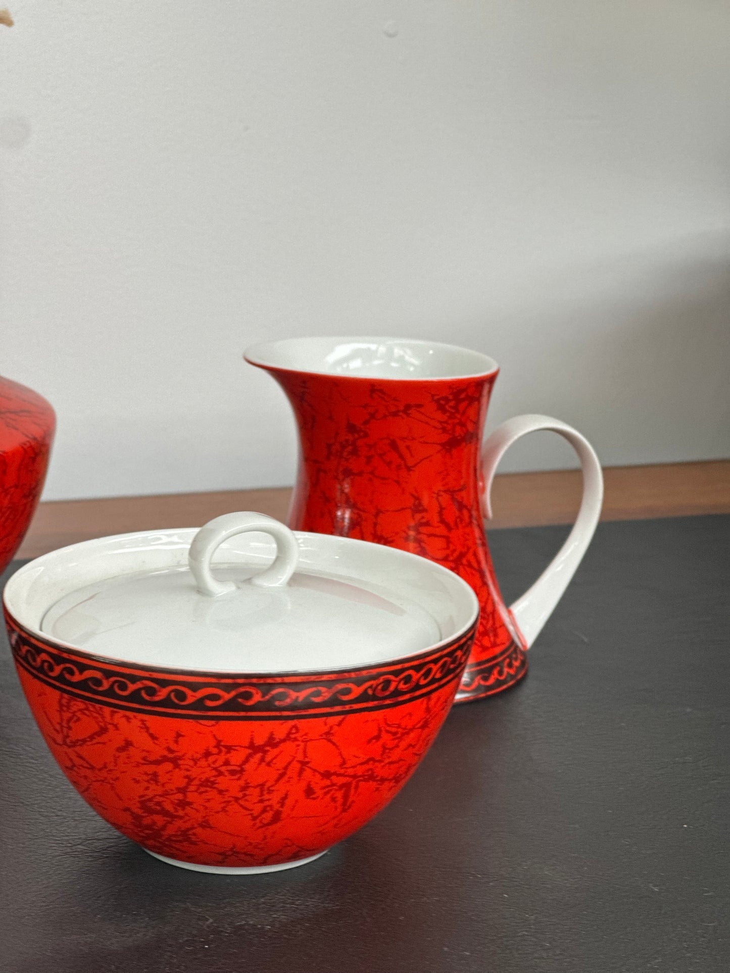 Vintage Mid Century Bidasoa Spain "Flamenco" Red Porcelain Coffee & Demitasse Set | 15 Piece Espresso Set