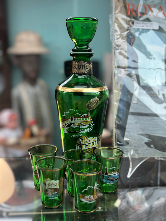 Vintage Italian Emerald Green Glass Liquor Decanter Set - Venezia Mid-Century Murano Style Barware (6-Piece Set)