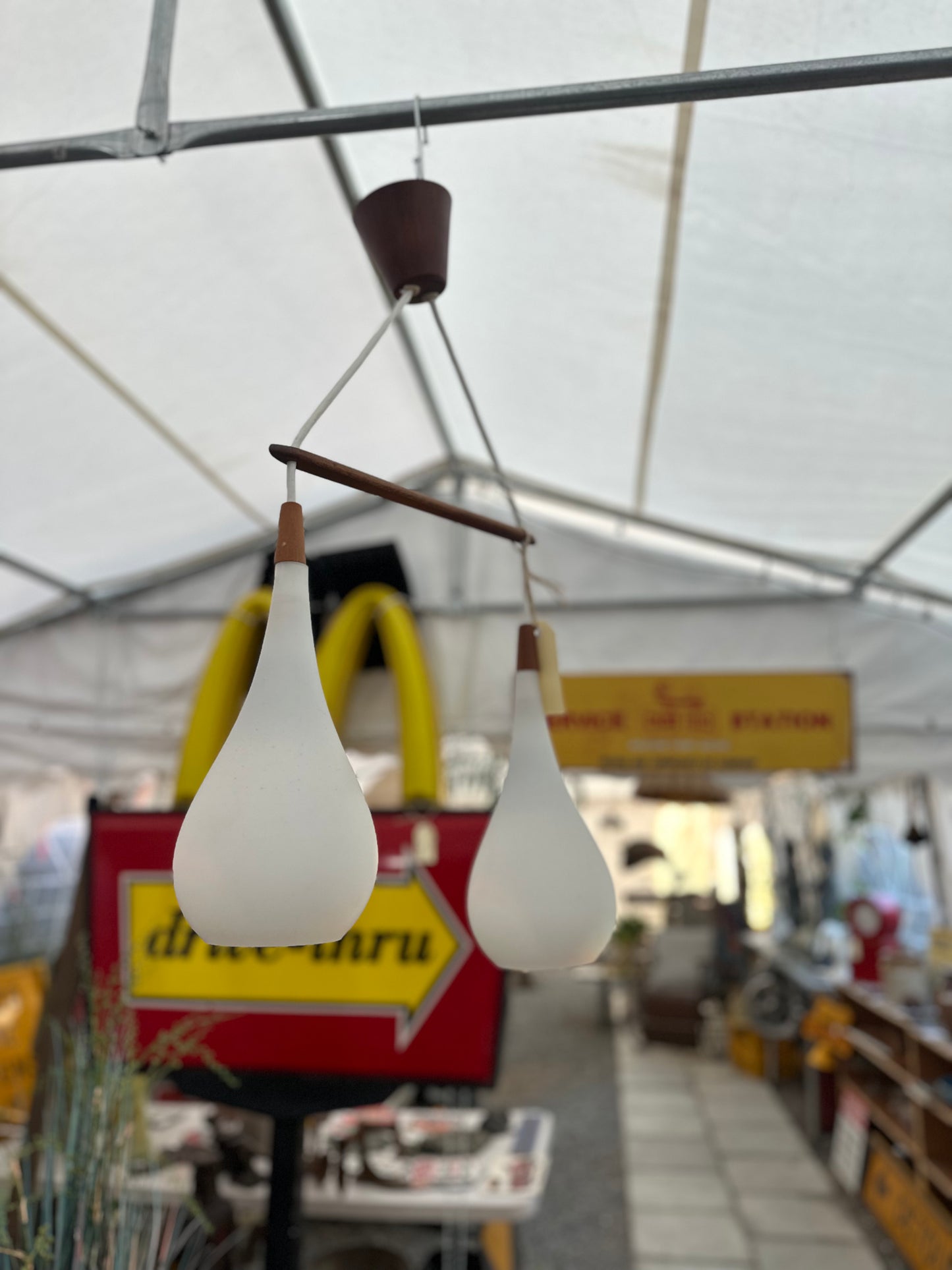 Mid-Century Modern Dual Teardrop Pendant Light - Vintage Danish Style Teak & Frosted Glass Ceiling Lamp