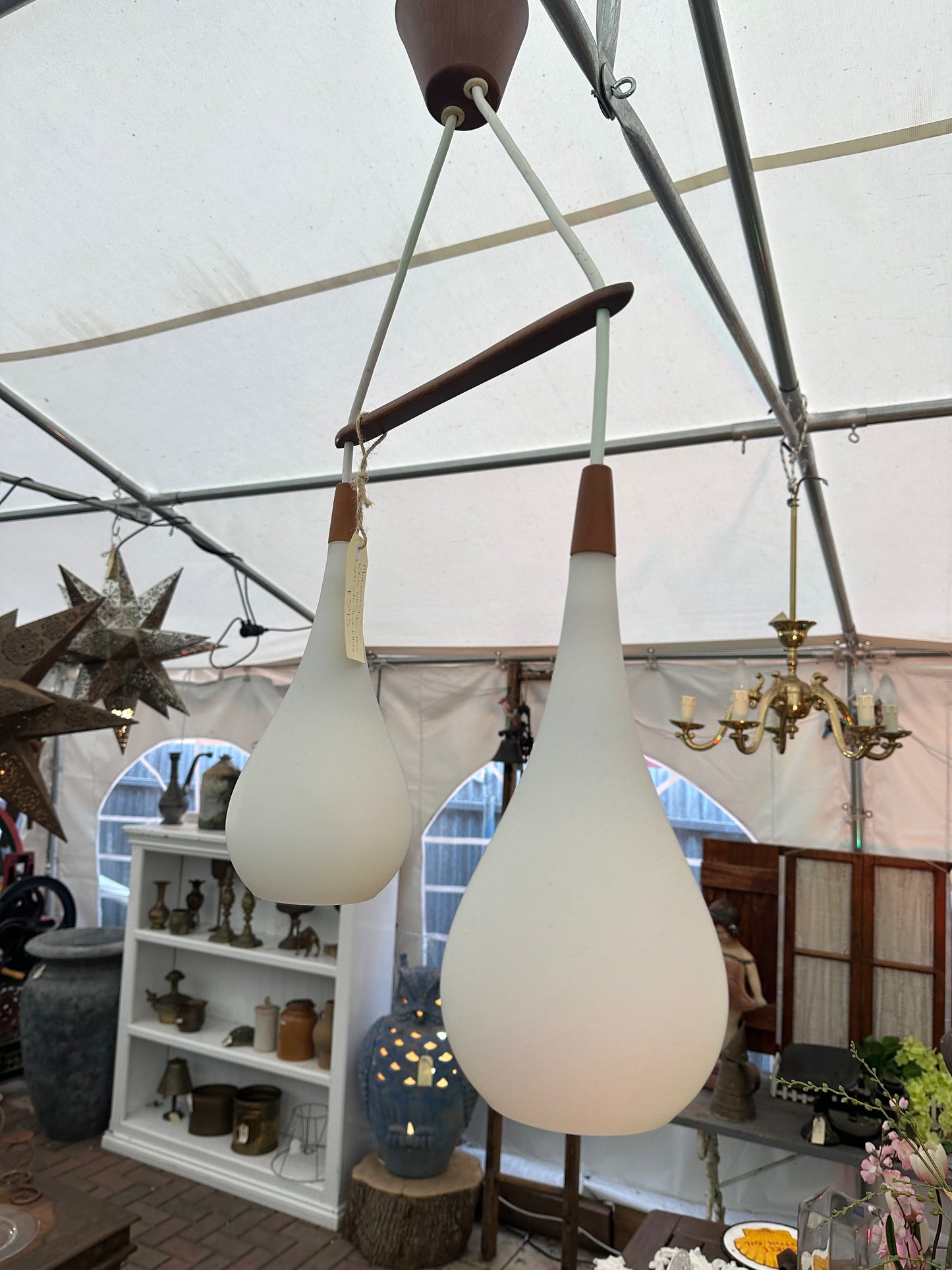 Mid-Century Modern Dual Teardrop Pendant Light - Vintage Danish Style Teak & Frosted Glass Ceiling Lamp