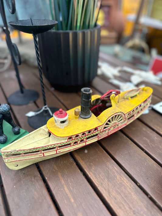Vintage Style Cast Iron "City of New York" Paddle Steamer Boat Toy Replica