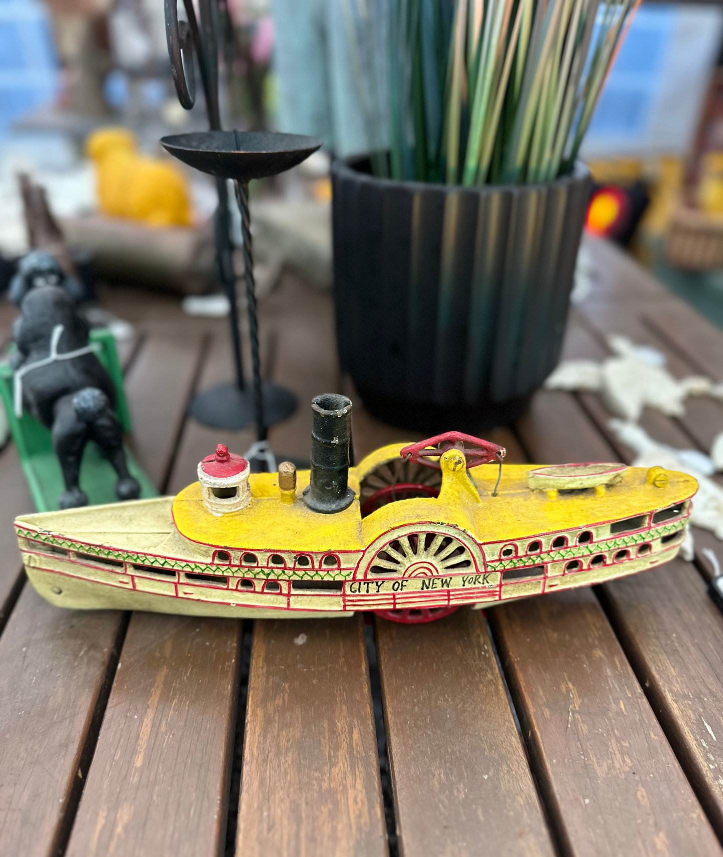 Vintage Style Cast Iron "City of New York" Paddle Steamer Boat Toy Replica
