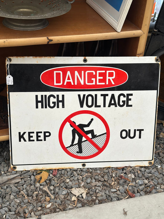 Vintage Metal Danger High Voltage Keep Out Sign - Industrial Automobilia Safety Signage