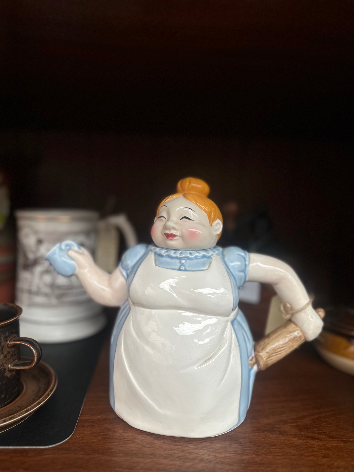 Vintage Ceramic Figural Cook Teapot - Whimsical Baking Maid with Rolling Pin & Pitcher Spout - Collectible Novelty Teaware