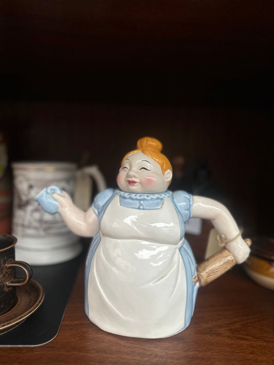 Vintage Ceramic Figural Cook Teapot - Whimsical Baking Maid with Rolling Pin & Pitcher Spout - Collectible Novelty Teaware