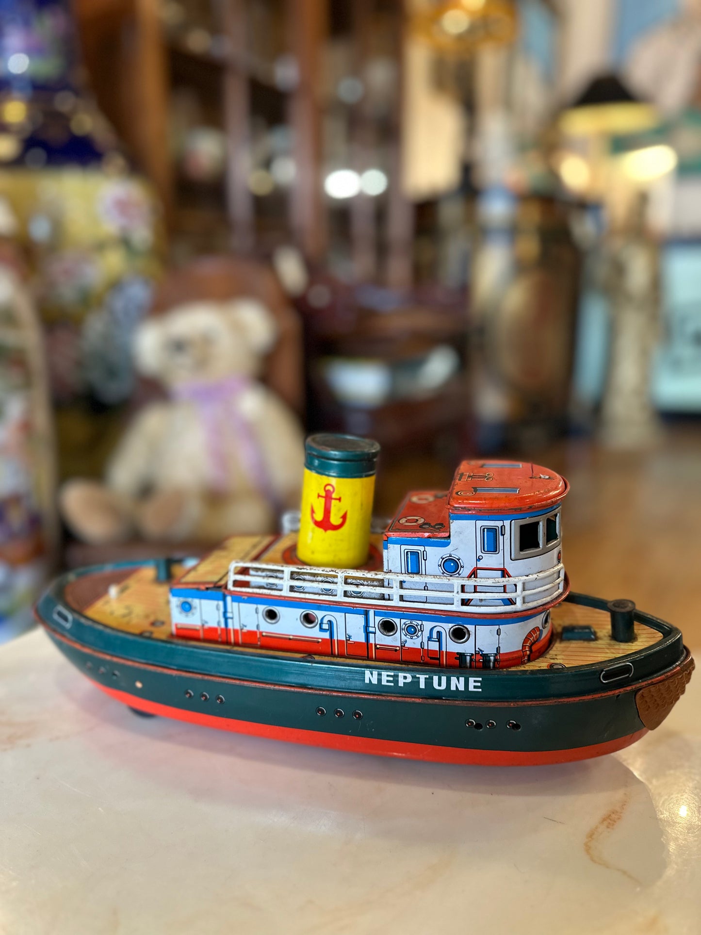 Vintage 1950s Modern Toys Neptune Tin Tugboat | Japanese Litho Battery Op Toy