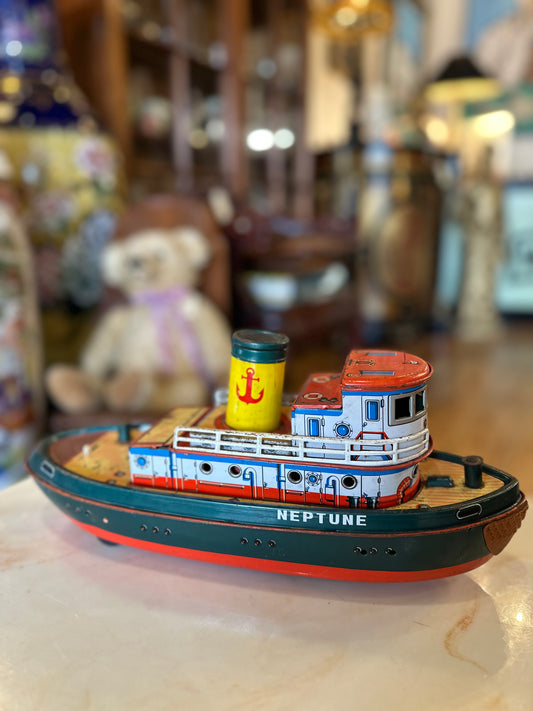 Vintage 1950s Modern Toys Neptune Tin Tugboat | Japanese Litho Battery Op Toy