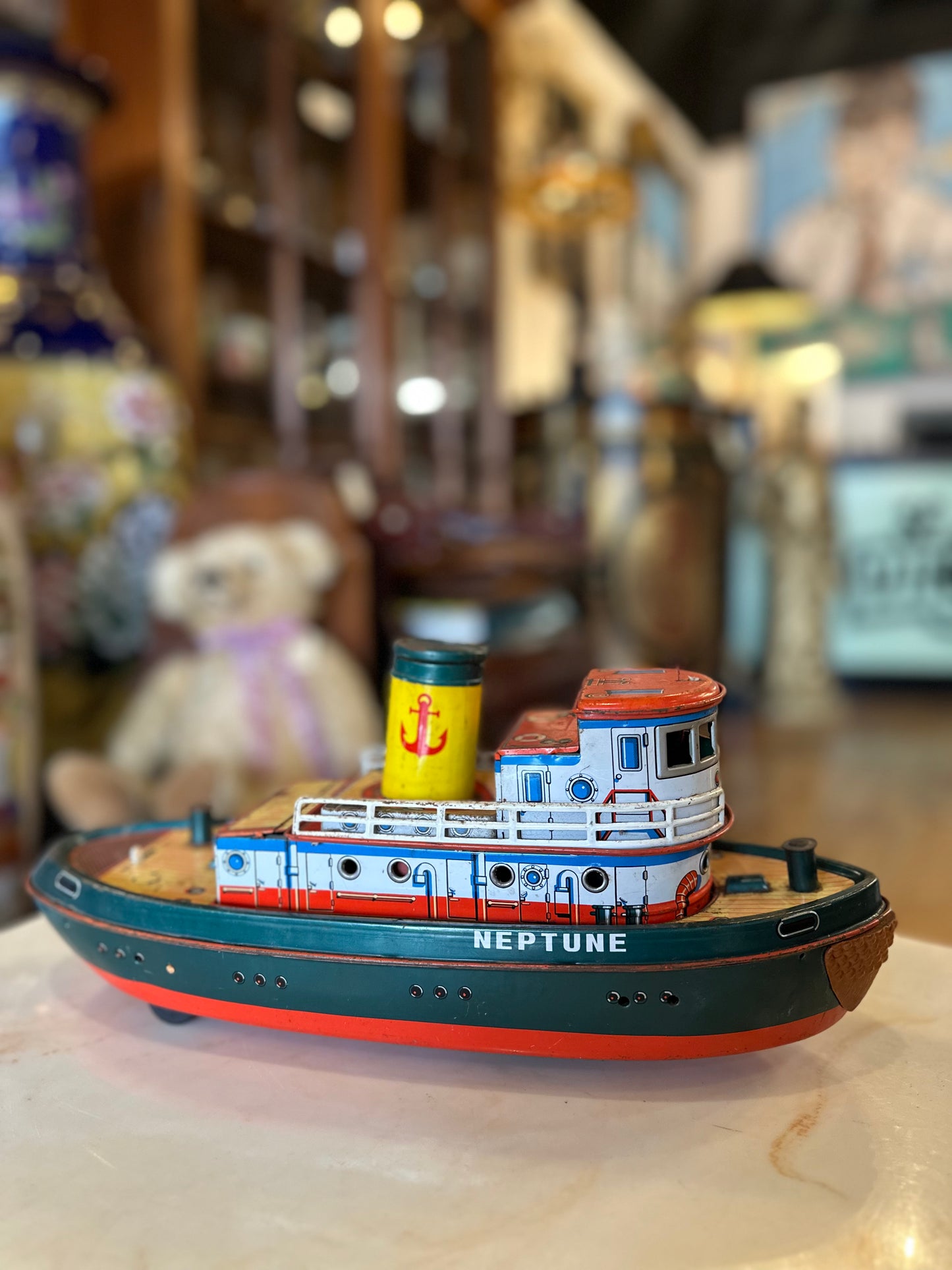 Vintage 1950s Modern Toys Neptune Tin Tugboat | Japanese Litho Battery Op Toy
