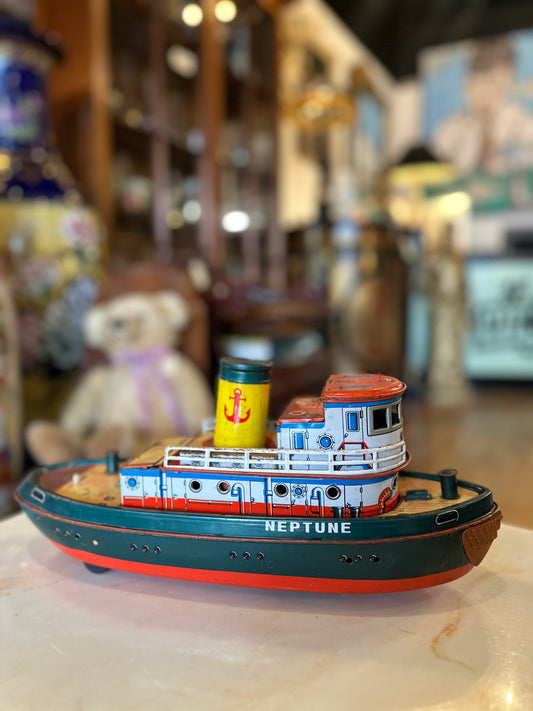 Vintage 1950s Modern Toys Neptune Tin Tugboat | Japanese Litho Battery Op Toy