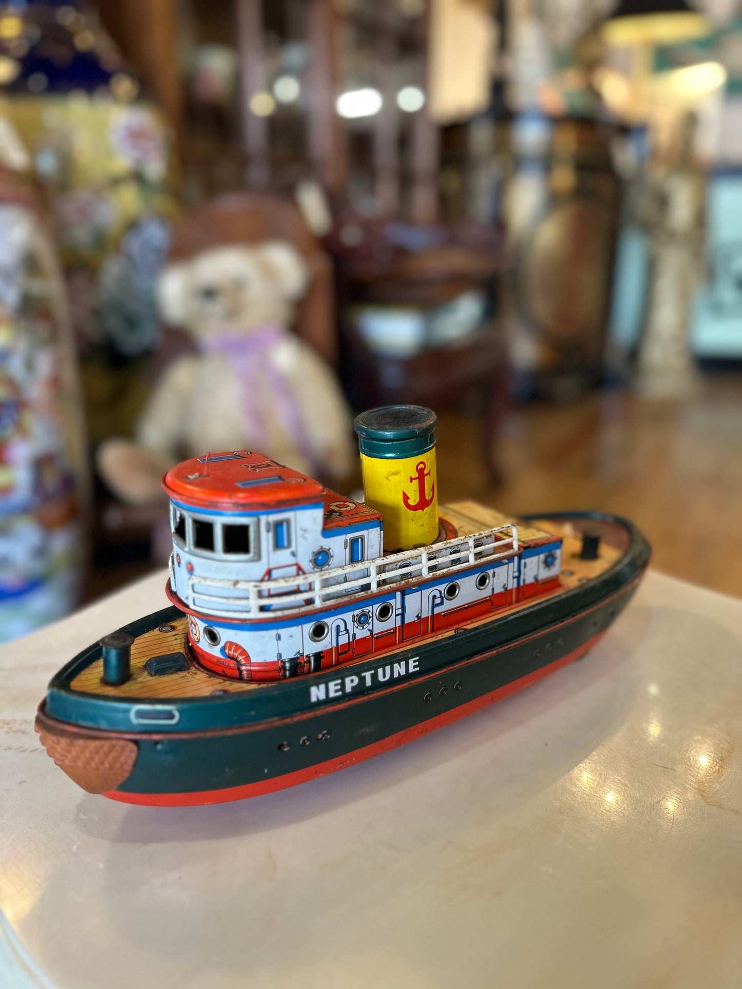 Vintage 1950s Modern Toys Neptune Tin Tugboat | Japanese Litho Battery Op Toy