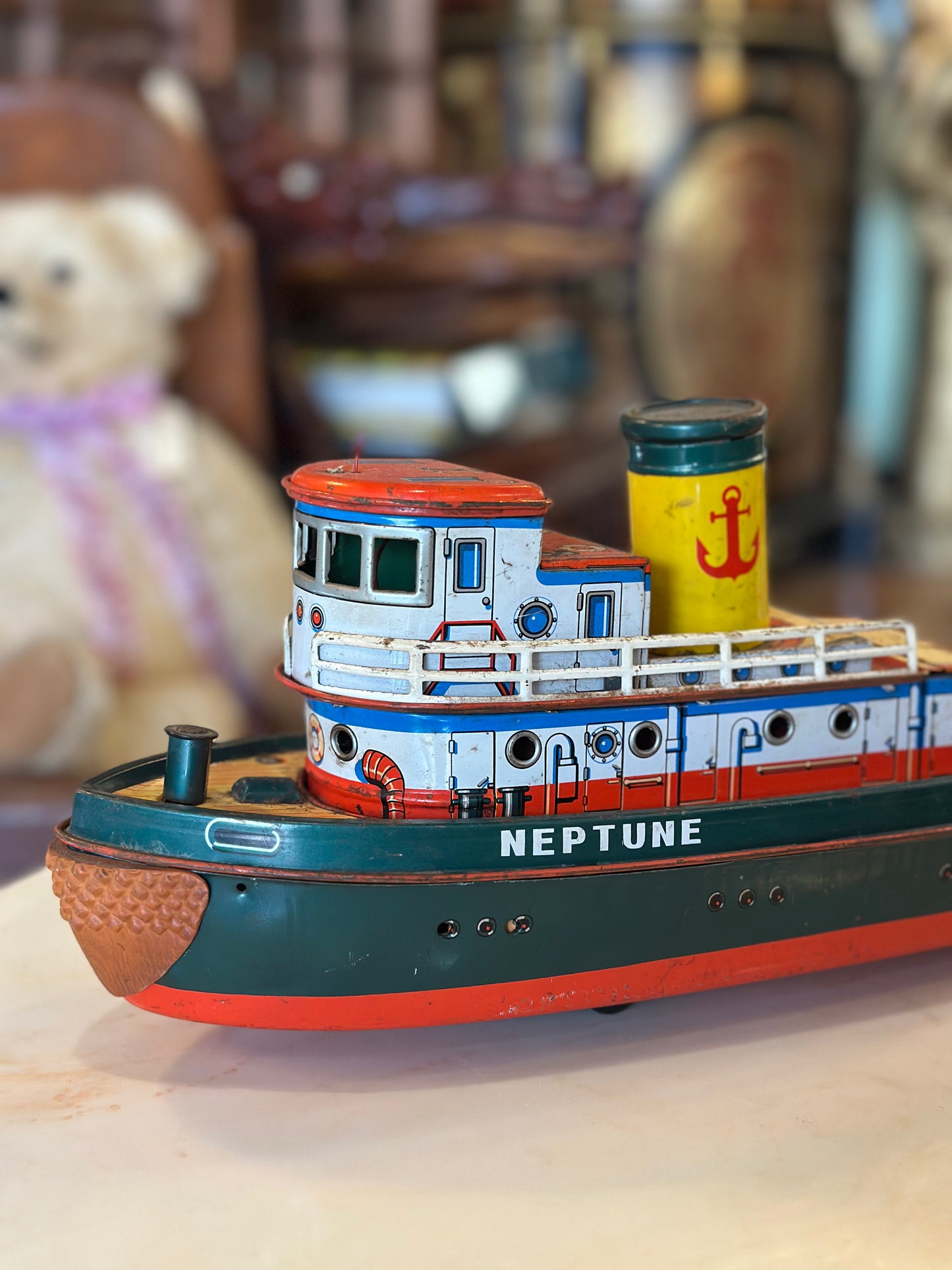 Vintage 1950s Modern Toys Neptune Tin Tugboat | Japanese Litho Battery Op Toy