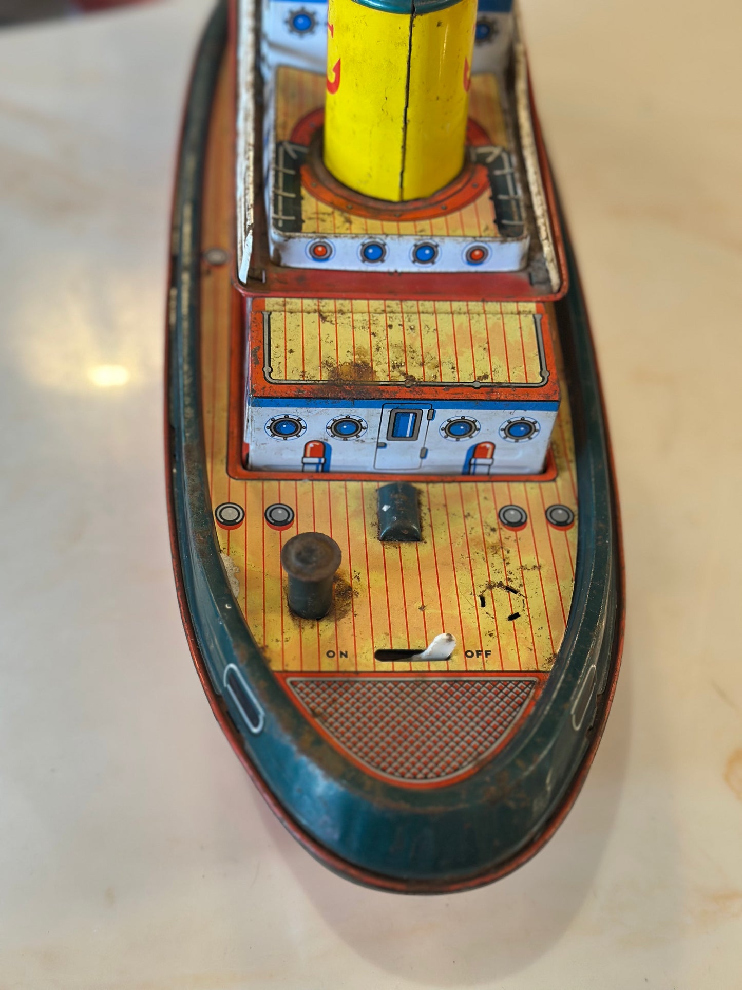Vintage 1950s Modern Toys Neptune Tin Tugboat | Japanese Litho Battery Op Toy