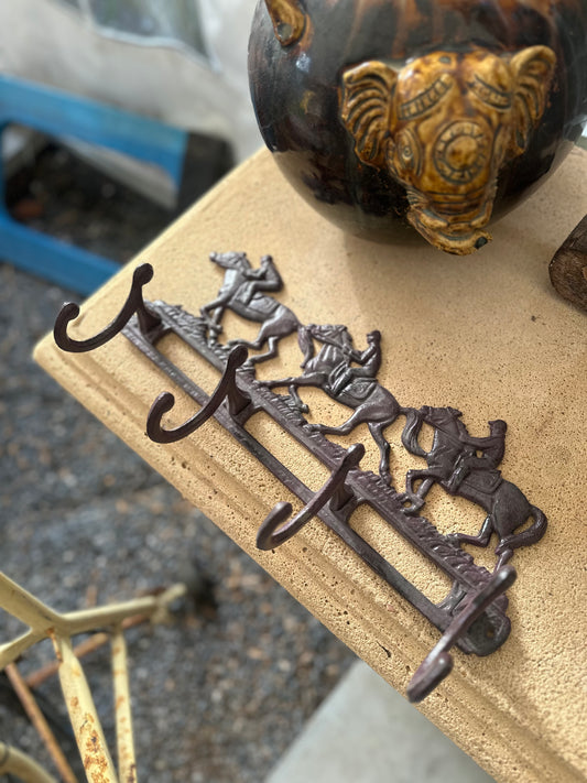 Vintage Style Cast Iron Equestrian Coat Rack - 4 Hook Horse & Rider Wall Mounted Hanger