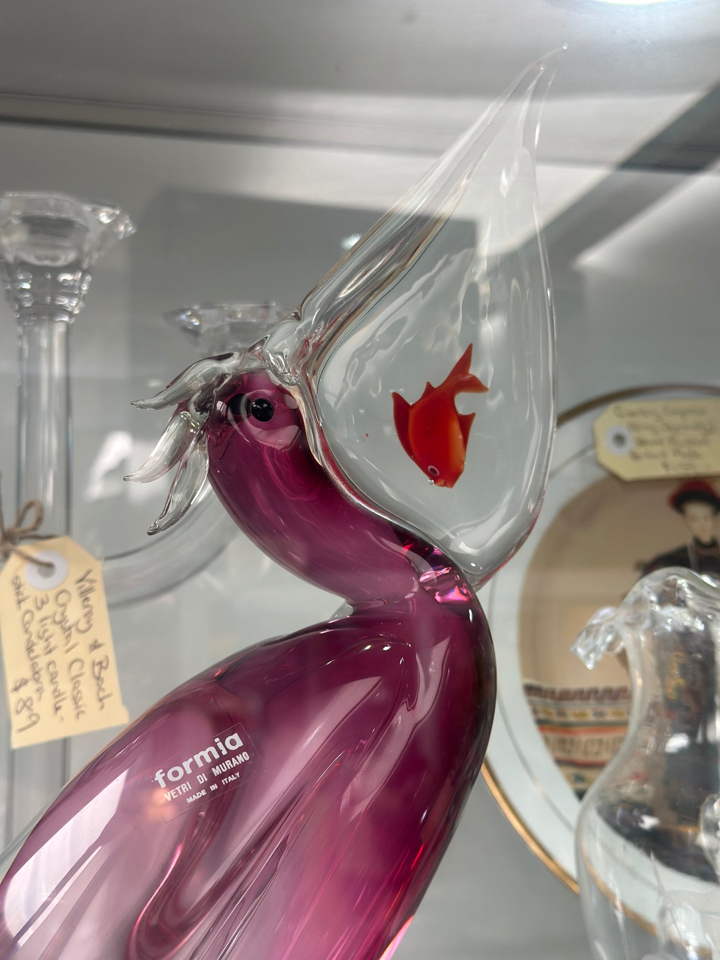 Vintage Formia Murano Amethyst Glass Pelican with Fish Figurine – Made in Italy