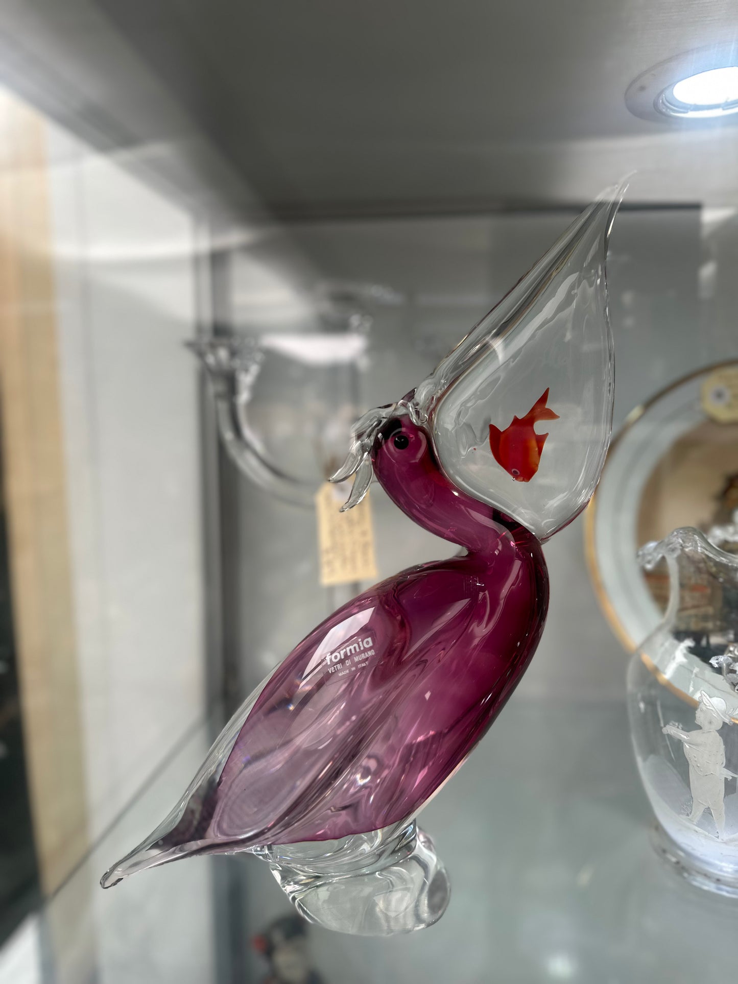 Vintage Formia Murano Amethyst Glass Pelican with Fish Figurine – Made in Italy