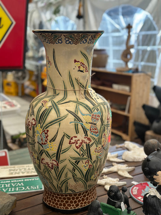 65cm Vintage Japanese Satsuma Style Floor Vase - Iris & Butterfly Raised Moriage Enamel