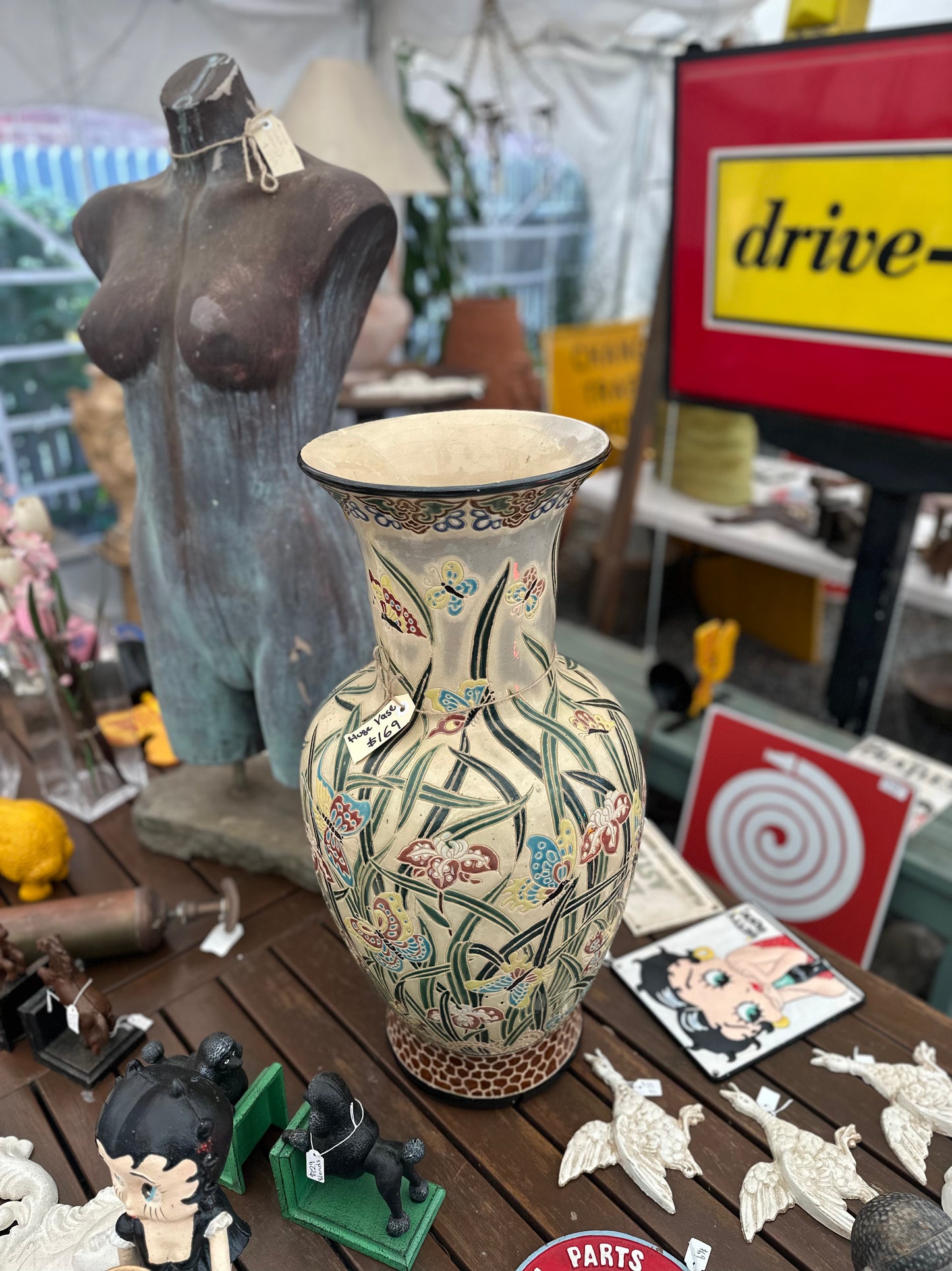 65cm Vintage Japanese Satsuma Style Floor Vase - Iris & Butterfly Raised Moriage Enamel
