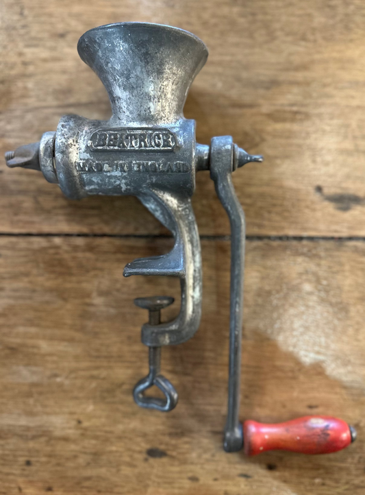 Vintage Beatrice Cast Iron Meat Mincer | Antique Hand Crank Food Grinder Made in England | Rustic Farmhouse Kitchenalia Decor