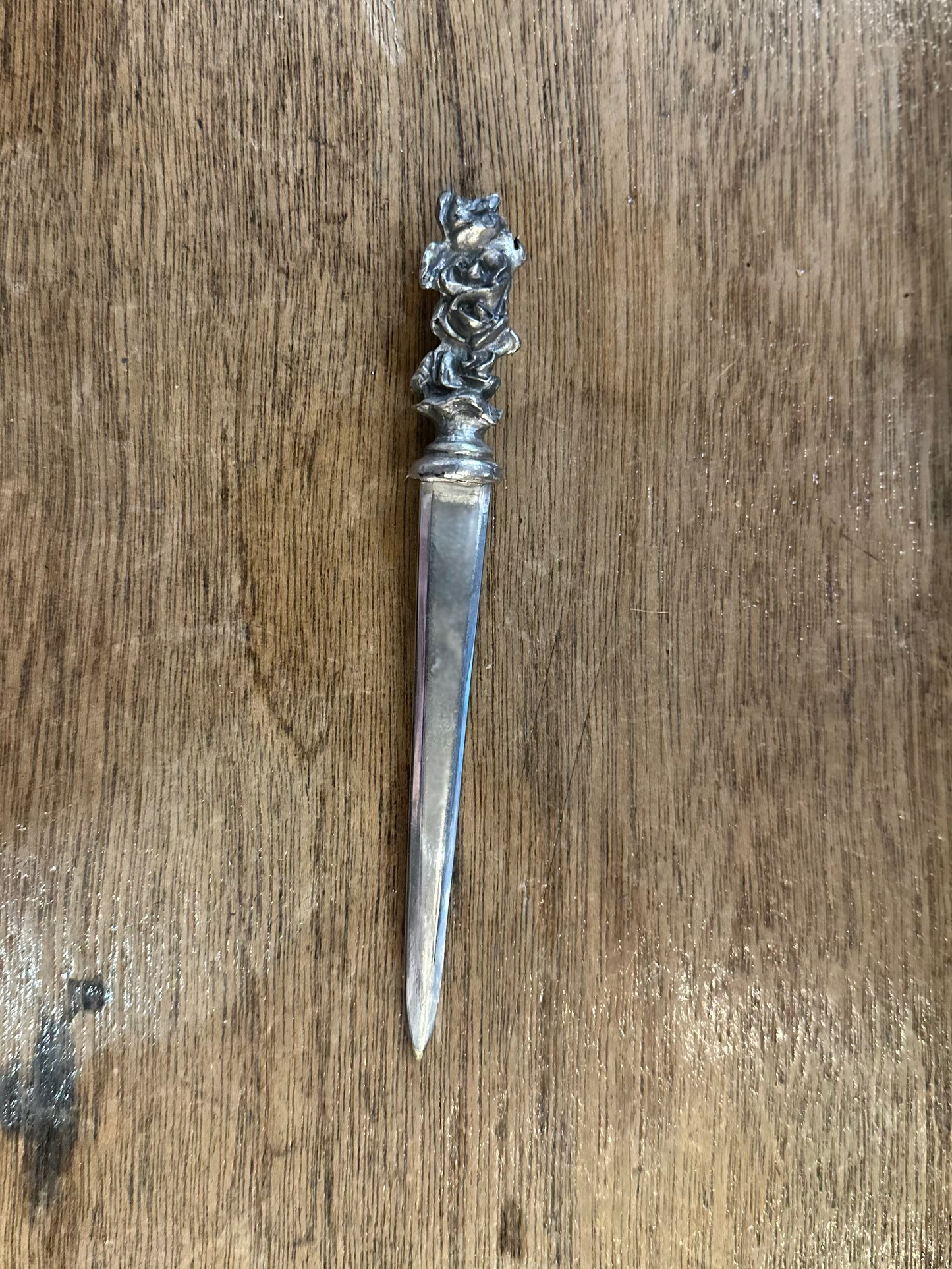 Antique Silver Plated Brass Letter Opener | Ornate Figural Cherub Handle Desk Accessory c. 1900s