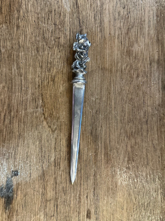 Antique Silver Plated Brass Letter Opener | Ornate Figural Cherub Handle Desk Accessory c. 1900s
