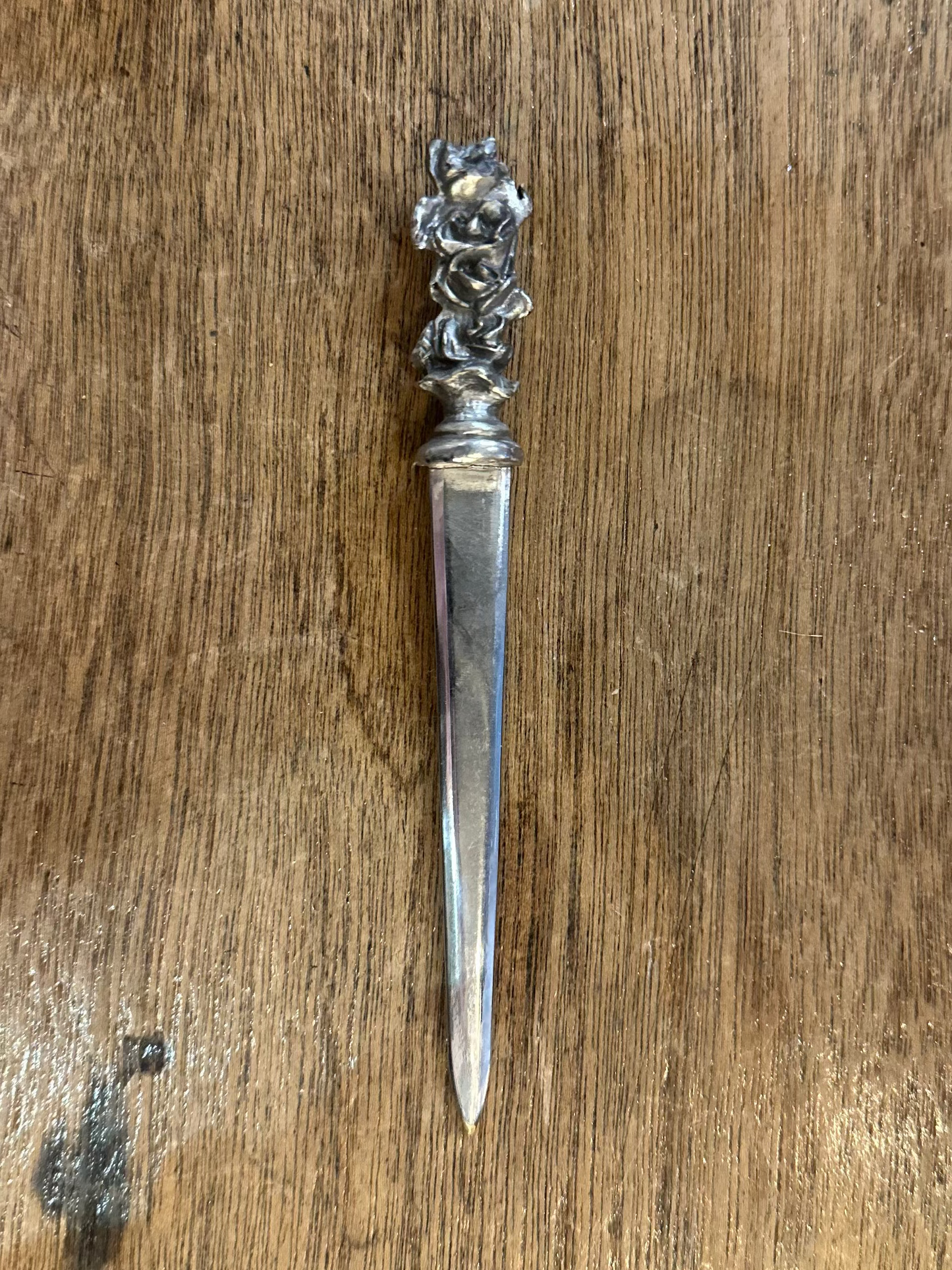 Antique Silver Plated Brass Letter Opener | Ornate Figural Cherub Handle Desk Accessory c. 1900s